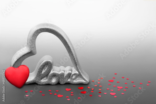 Fotografija Happy Valentines Day I love you romantic concept with silver sign and heart shape loose confetti decorations
