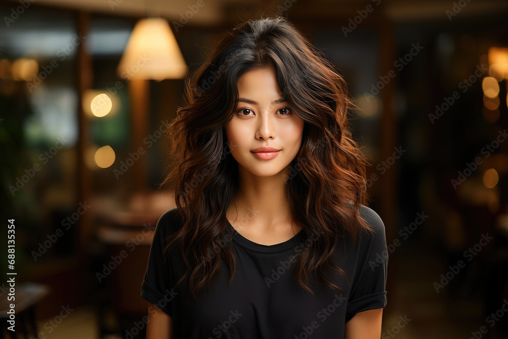 Portrait of a beautiful young Asian woman with a serene expression and natural beauty, indoors.