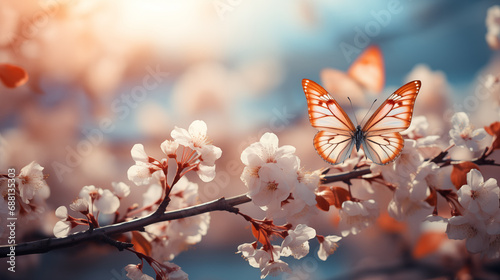 Spring background with blooming cherry tree and butterfly.
