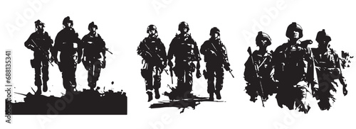 Group of soldiers in full uniform and machine guns, military silhouettes, black and white vector decorative graphics photo