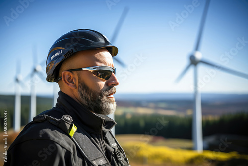 Male engineer in safety gear inspecting a wind turbine farm on a clear sunny day, symbolizing green energy and sustainability. © apratim