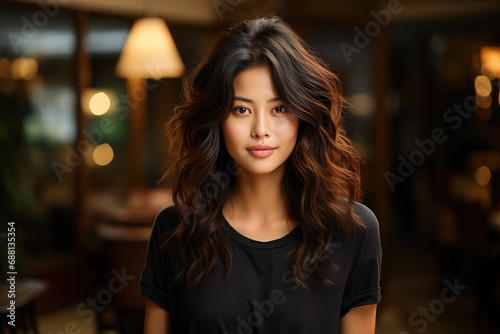 Portrait of a beautiful young Asian woman with a serene expression and natural beauty  indoors.