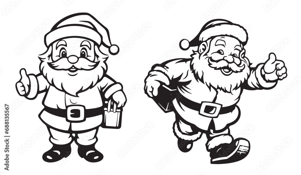 Cheerful silhouette of a smiling Santa Claus, black and white vector decorative graphics for children