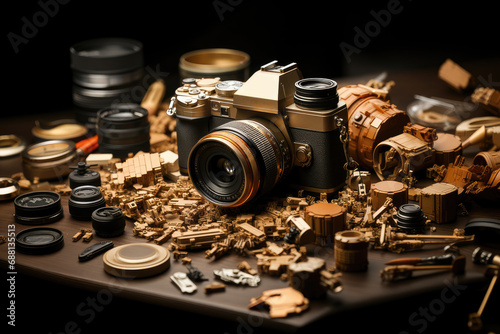 A professional camera surrounded by various lenses and photography equipment, highlighting the tools of a photographer.