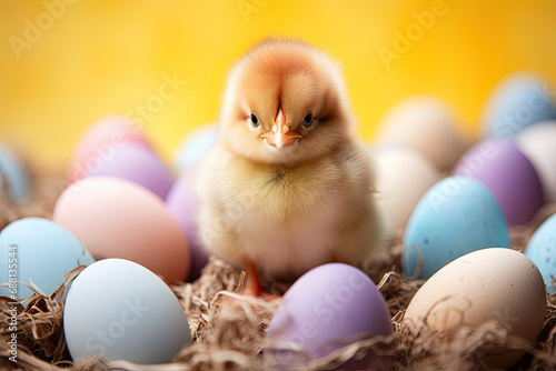 Easter chicken in nest with colorful eggs