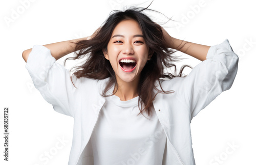 a young asian woman who is excited for winning a competition against another ...