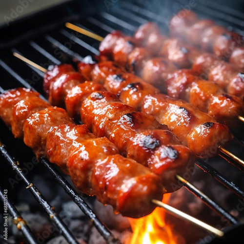 Barbecue sausage on skewers on the gril