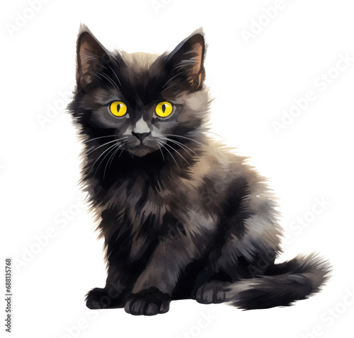 an illustration of a black cat is sitting on a white background, isolated