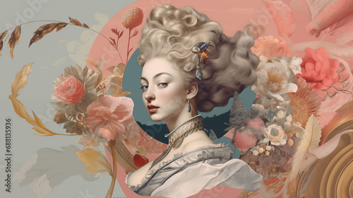 Digital collage with baroque and rococo inspired noble sophisticated woman; elegant 1700s lady photomontage. Papercut illustration of historical couture with flowery retro cutout.
