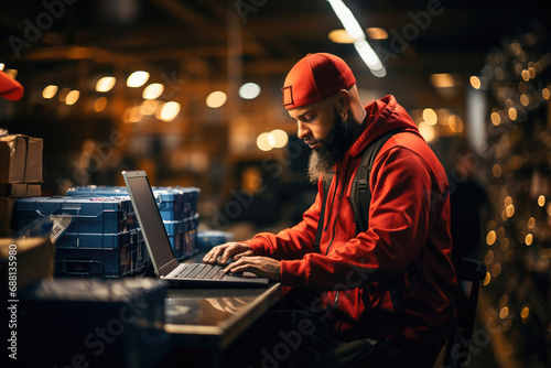 Man with a beard in a red jacket working on a laptop at a warehouse amidst boxes and shipping materials.