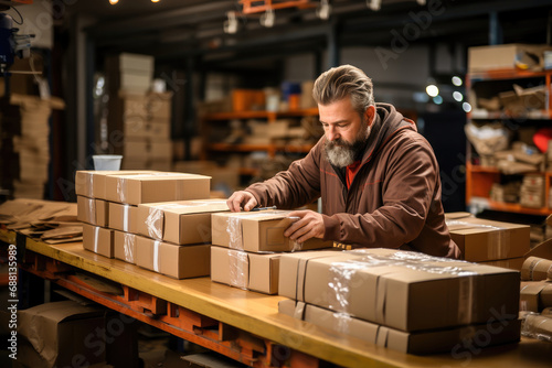 Bearded male worker packaging boxes for shipment in a warehouse  working diligently on order fulfillment.