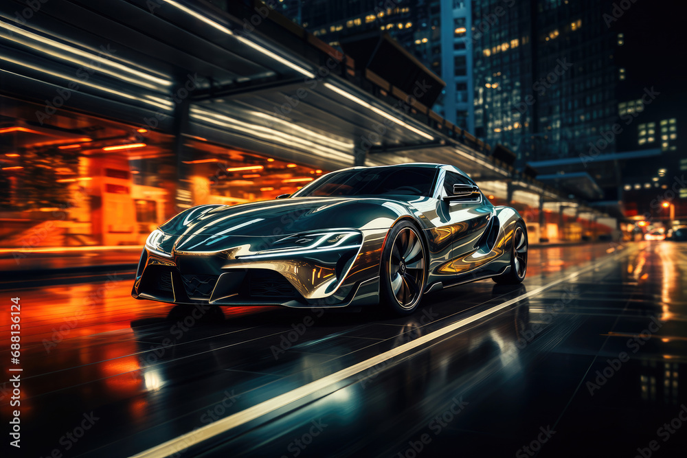 Luxurious sports car speeding through the city at night with dynamic lighting and modern urban architecture. Luxurious sports car speeding through the city at night with dynamic lighting and modern urban architecture.