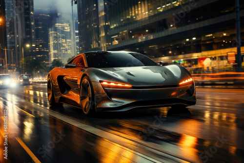 A sleek electric sports car speeds through a city at night, surrounded by glowing skyscrapers and dynamic city lights. © apratim