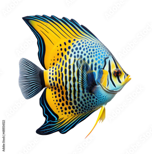 a vibrant blue and yellow swallowtail fish in a colorful pattern,