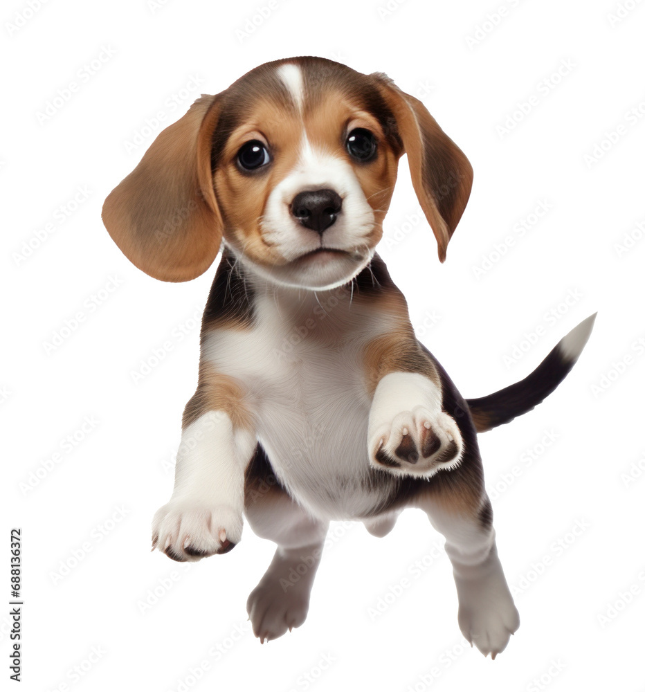 beagle puppy jumping up and down on white background,