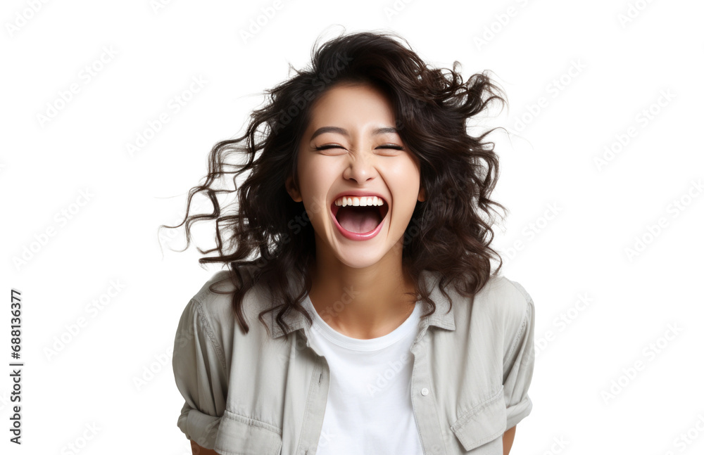 an asian woman is holding her fist and laughing on white background - obrazy, fototapety, plakaty 