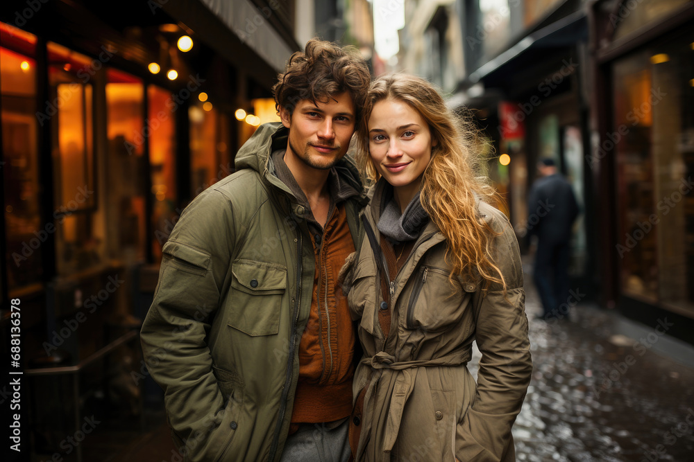 A young and attractive couple smiling together on a city street, exuding casual style and warmth.