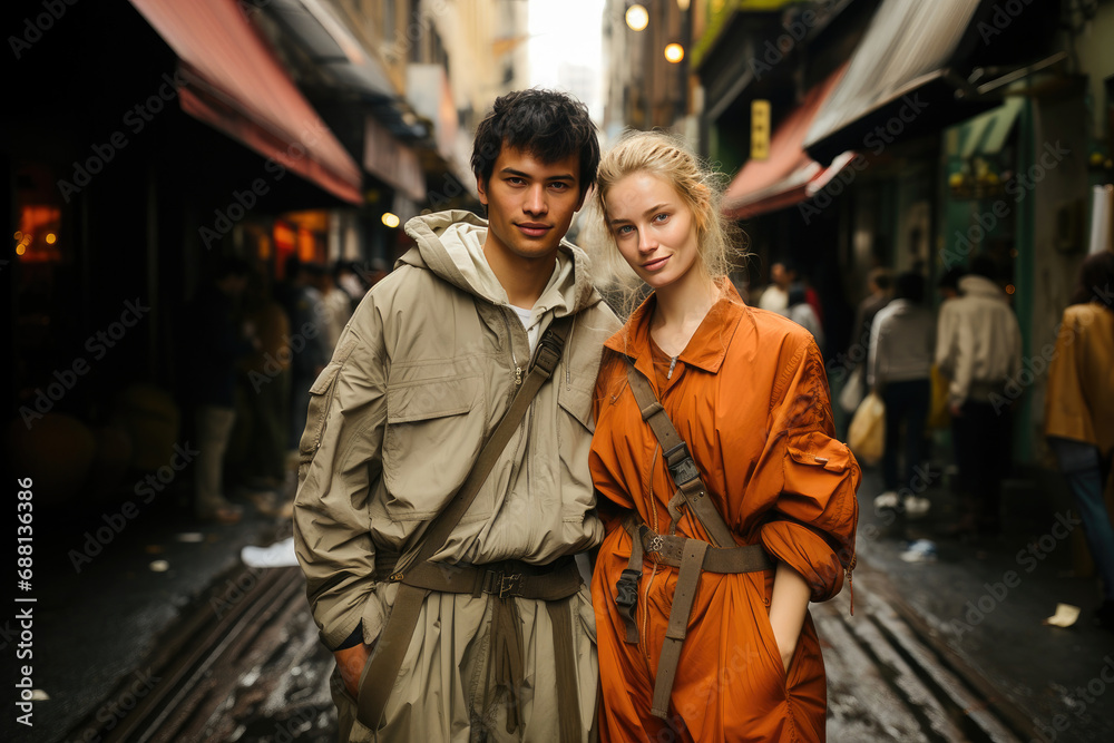 A young couple in trendy outfits shares a moment on a bustling city street, exuding urban style and casual elegance.