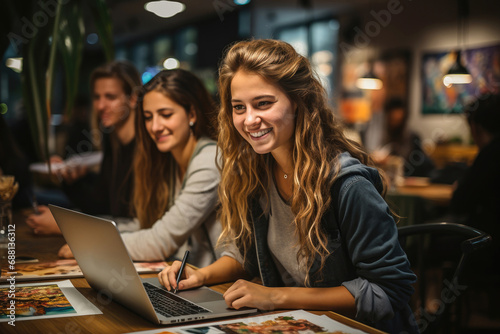 Young smiling woman working on laptop at a busy cafe with friends in the background.