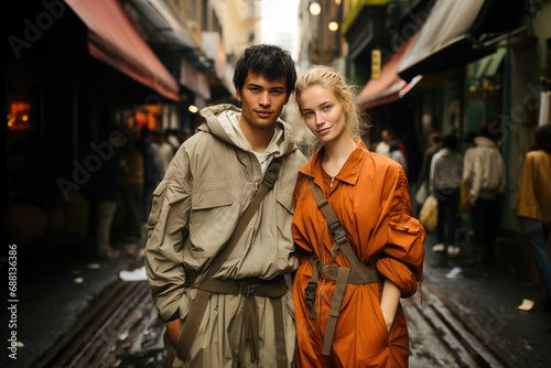 A young couple in trendy outfits shares a moment on a bustling city street  exuding urban style and casual elegance.