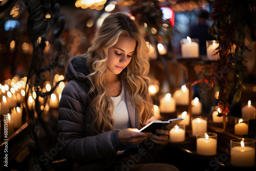A young woman in a winter coat peacefully reads a book surrounded by warm candlelight.