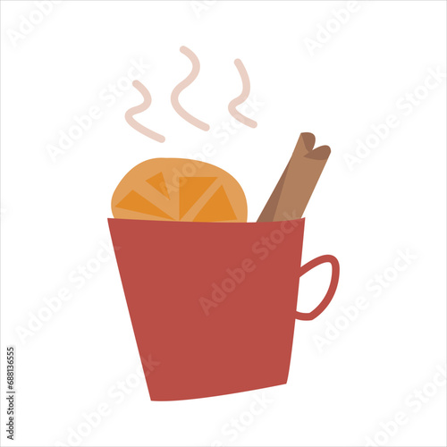 Hot mulled wine with cinnamon and orange. Cozy vector illustration of hot wine