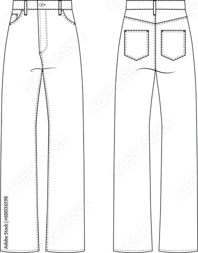 mid rise straight pant trouser template technical drawing flat sketch cad mockup fashion woman denim jean