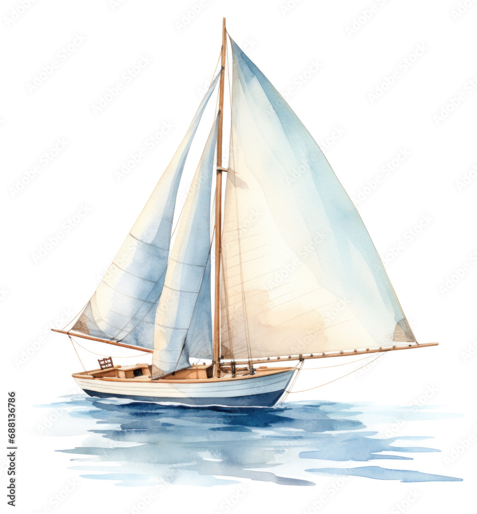 a watercolor sail boat with sail,