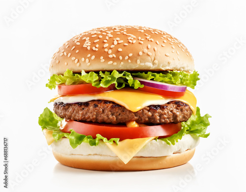 Fresh tasty burger, isolated on a white background, ready to tempt your senses. Generative AI