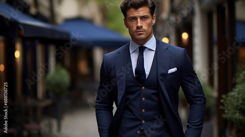 Elegant Man in Chic Navy Blue Suit Embodies Charisma and Class for Fashion Icons