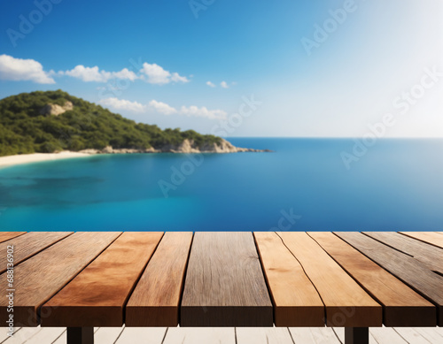 Wooden table with a spectacular view of the sea, island, and blue sky in the background. Generative AI