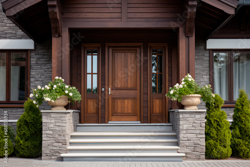 Georgian-style cottage entrance with wooden door, gabled porch, white columns, and stone cladding.