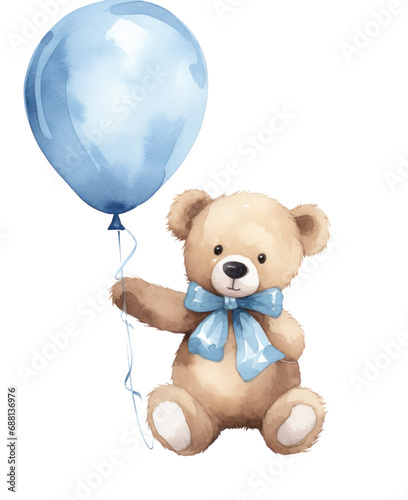 a watercolor of a teddy bear holding a blue balloon,