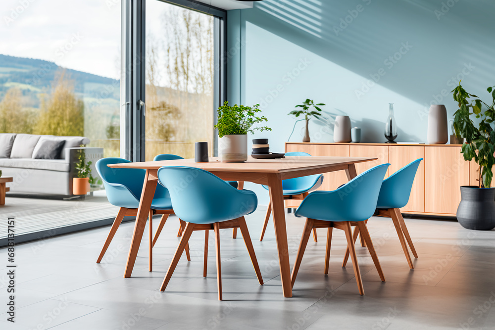 In a modern dining room with Scandinavian interior design,blue chairs surround a wooden dining table placed against a window, creating a stylish and functional space. Bright image. In a modern dining room with Scandinavian interior design,blue chairs surround a wooden dining table placed against a window, creating a stylish and functional space. Bright image.