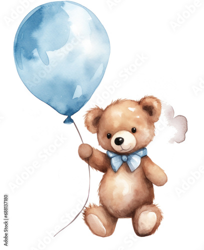 a watercolor of a teddy bear holding a blue balloon,