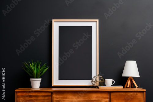 In a modern dining room with Scandinavian interior design, a blank mock-up poster frame hangs on a black wall, complemented by a wooden cabinet and shelf. Bright image. 