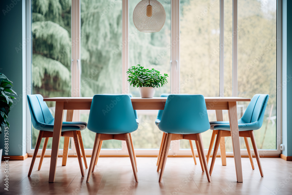 In a modern dining room with Scandinavian interior design,blue chairs surround a wooden dining table placed against a window, creating a stylish and functional space. Bright image. 