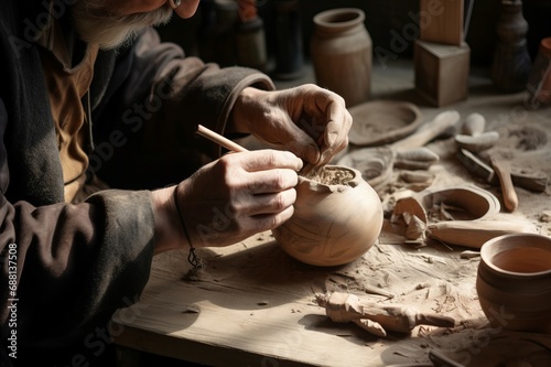 Old potter craftsperson. Elderly artisan leveling beautiful clay pot. Generate AI