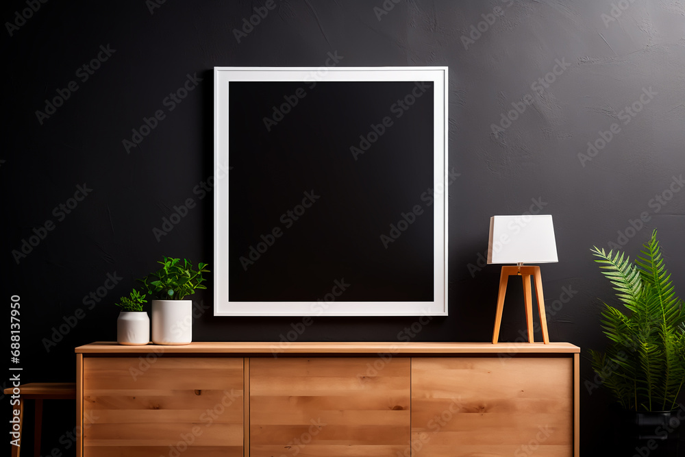 In a modern dining room with Scandinavian interior design, a blank mock-up poster frame hangs on a black wall, complemented by a wooden cabinet and shelf. Bright image. 