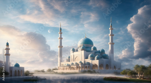 a beautiful mosque with clouds