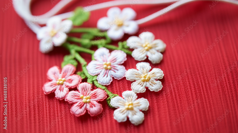Delicate Floral Martisor: A close-up of a Martisor adorned with delicate spring flowers, symbolizing the renewal of nature and the arrival of spring.