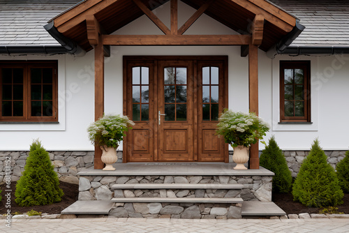 Georgian-style cottage entrance with wooden door, gabled porch, white columns, and stone cladding. © Uliana