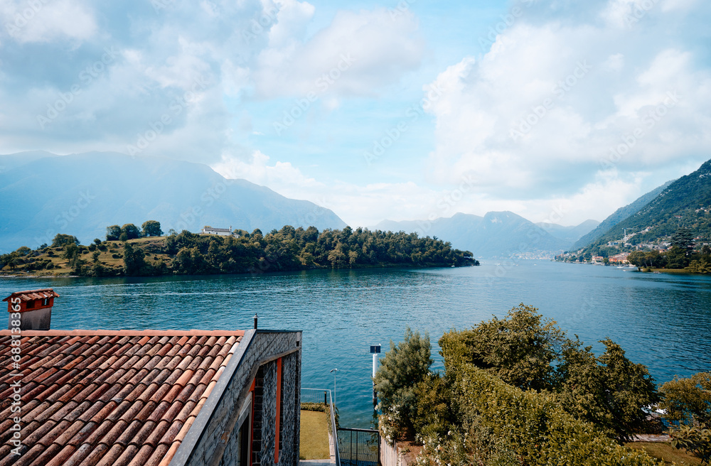 Como lake idyllic watefront view, Lombardy region of Italy