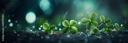 St. Patrick Day. symbols: clover, green. beautiful background. Top view of a quatrefoil clover.  photo
