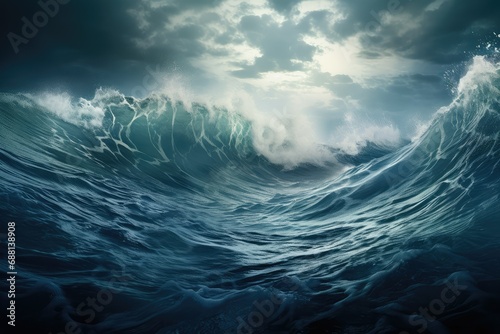 Blue ocean wave with sunbeams and clouds, 3d render, Ocean wave in stormy weather, climate change, environmental challenge, ocean is facing many challenges from pollution