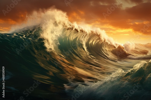 Ocean wave at sunset, 3d render, Conceptual image, ocean is facing many challenges from pollution, Surfing ocean wave at sunset, climate change concept, seashore © Jahan Mirovi