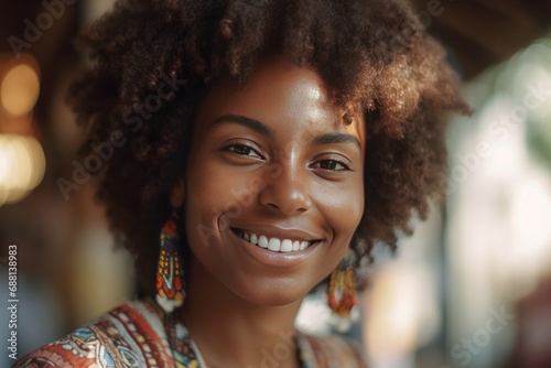Beautiful afro woman smiling portrait. Delighted curly African lady wearing earrings. Generate ai © nsit0108