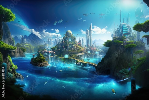 under water Fantasy alien planet  Mountain and lake  3D illustration  waterfall  fantasy island with dreamy background  magical wonderland