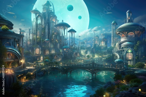 Fantasy landscape with fantasy castle and river, 3D illustration, dreamy background, gaming, Illustration of a Mysterious and Fantasy World, Alien planet landscape
