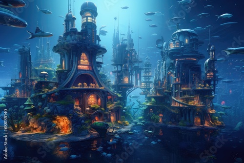 Fantasy alien planet underwater, Fantasy illustration, 3D rendering, a Mysterious and Fantasy Undersea World, Fantasy underwater island with beautiful castle, surreal fantasy © Jahan Mirovi